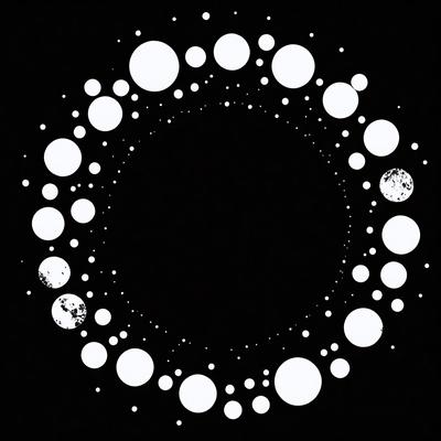 The primary subject of the image is a black and white circle with white dots. The circle is the main object, and it is set against a black background. The visual style of the image is a combination of a photo and a digital art or illustration. The dominant colors are black and white, with the white dots adding a touch of contrast and visual interest. The overall atmosphere of the image is somewhat mysterious and intriguing, as the viewer is drawn into the center of the circle to explore the dots further.